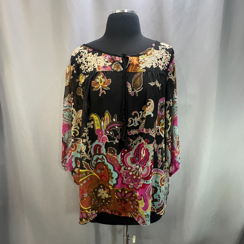 One World Blouse Top Womens 1X Multicolor Paisley Tassel Tie Front Scoop Neck